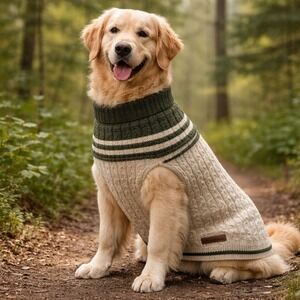 Eddie Bauer Pet Dog Sweater XL Green Tan Cable Knit Striped Acrylic Pullover